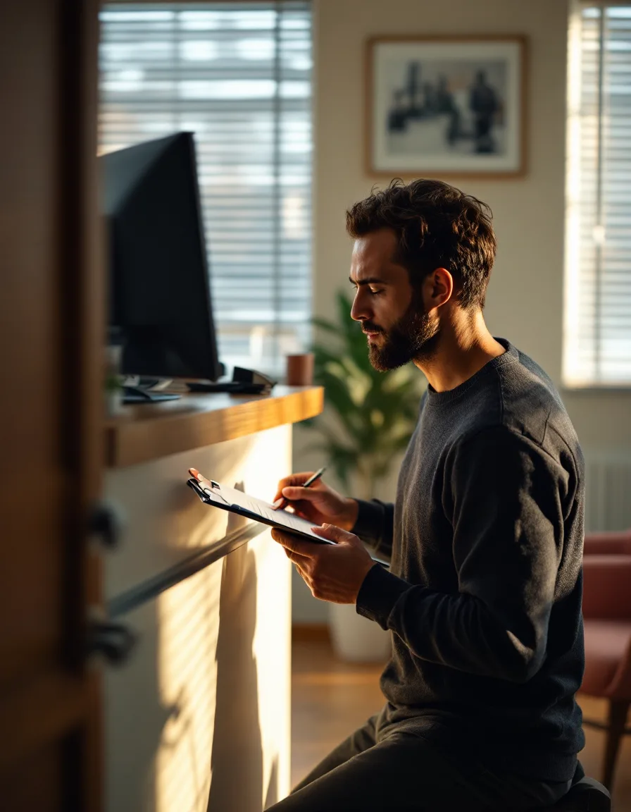 A Zelvio consultant kneeling at a dental office front desk before opening, checking the workstation against a printed checklist.