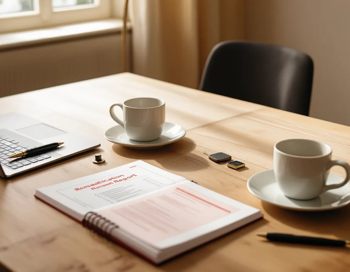 The Zelvio meeting table set for a visit: a printed remediation report, two coffee mugs, and a security key in morning light.