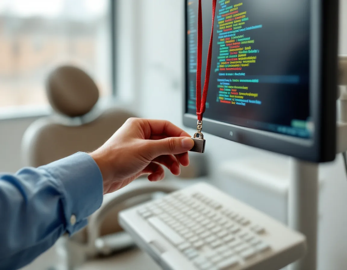 Hands inserting a security key into an exam-room workstation keyboard.